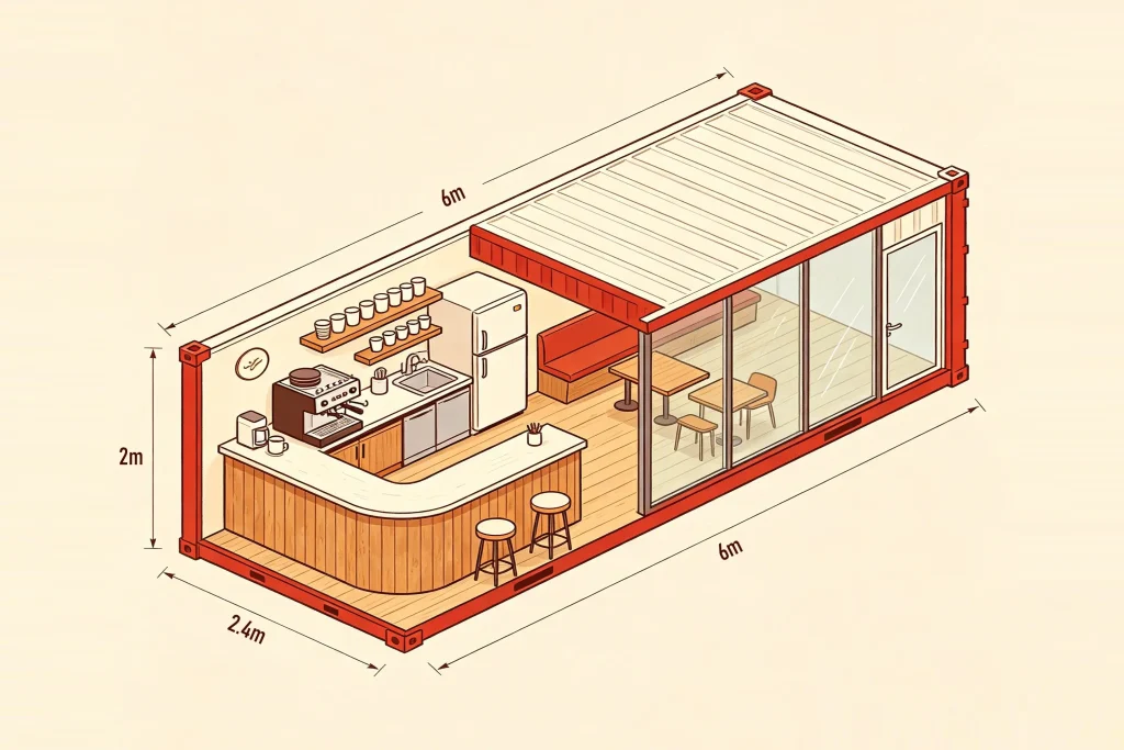 Floor plan layout diagram of 20ft container coffee shop with L-shaped bar and glass wall