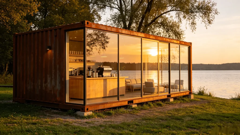 Glass wall container coffee shop at golden hour, modern container house cafe with panoramic glass
