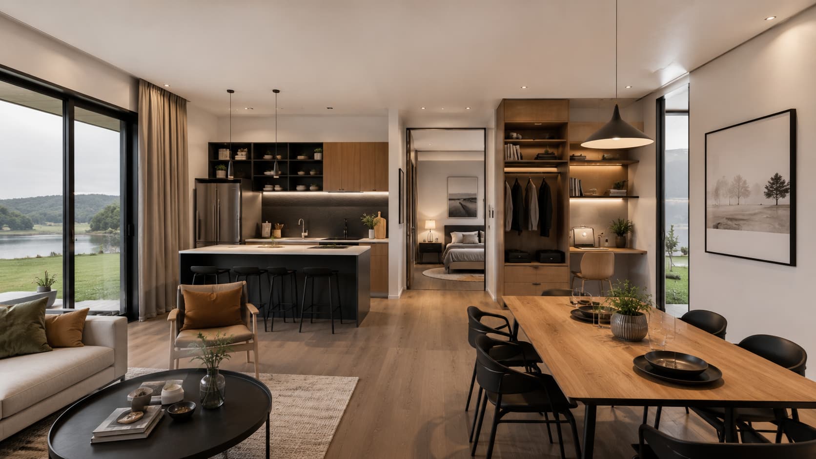 Interior layout of a modern prefab home showing comfortable furnished living space