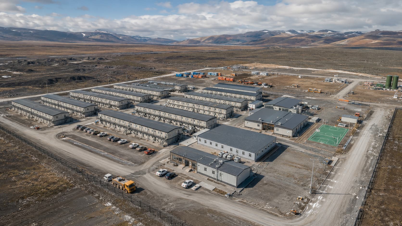Large-scale modular worker accommodation community showing multi-building layout