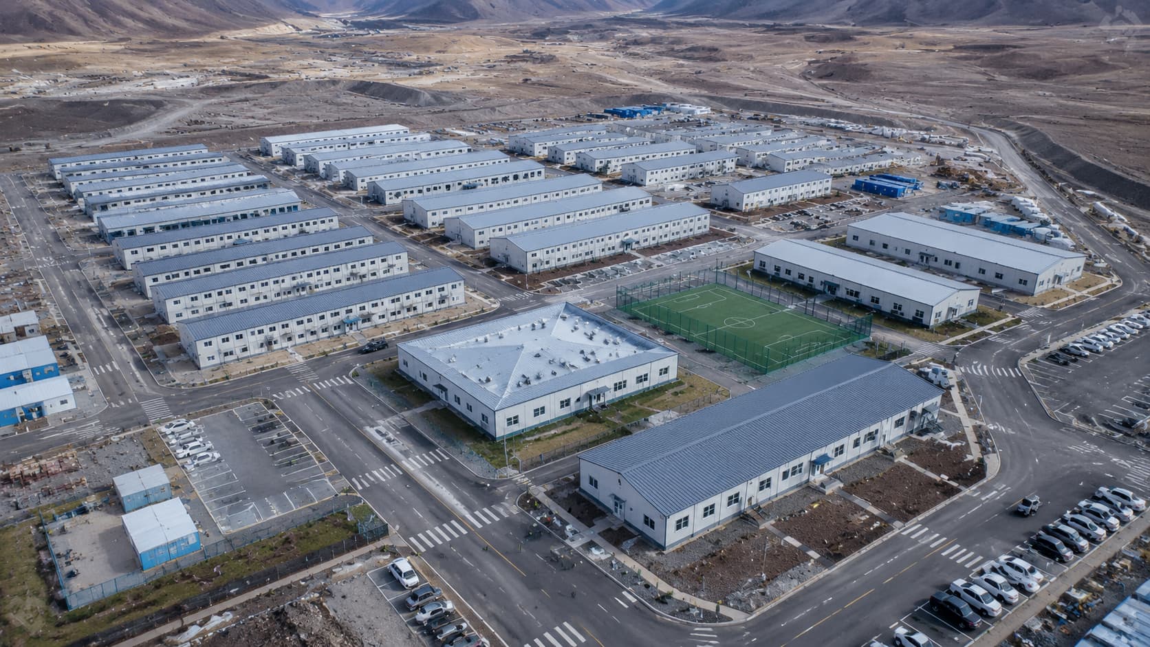 aerial view of modular construction camp planning