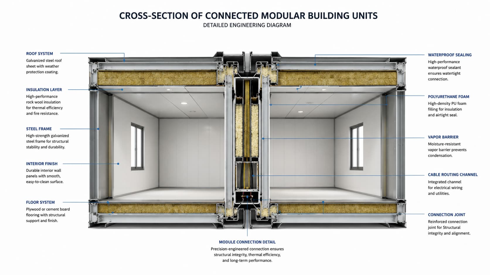 Cross-section of two connected modular units with insulation and cable routing