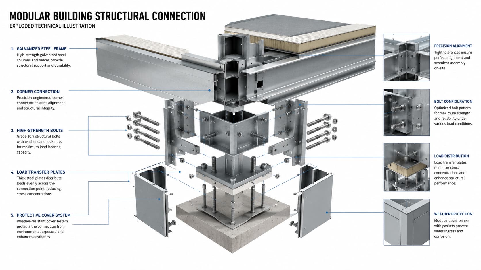 Exploded view of modular building structural connection system