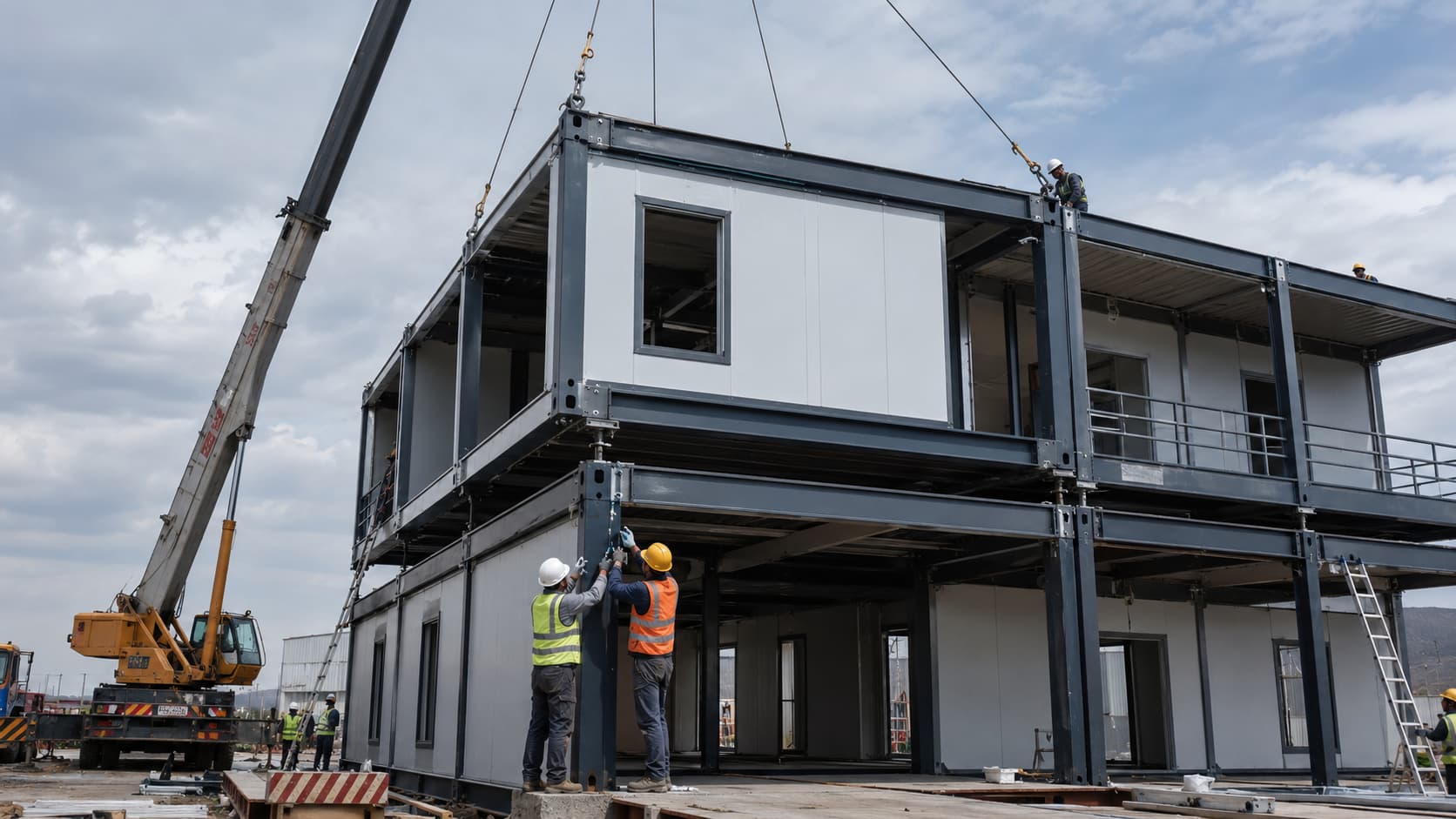 Crane installing a two-story modular building with structural bolt connections