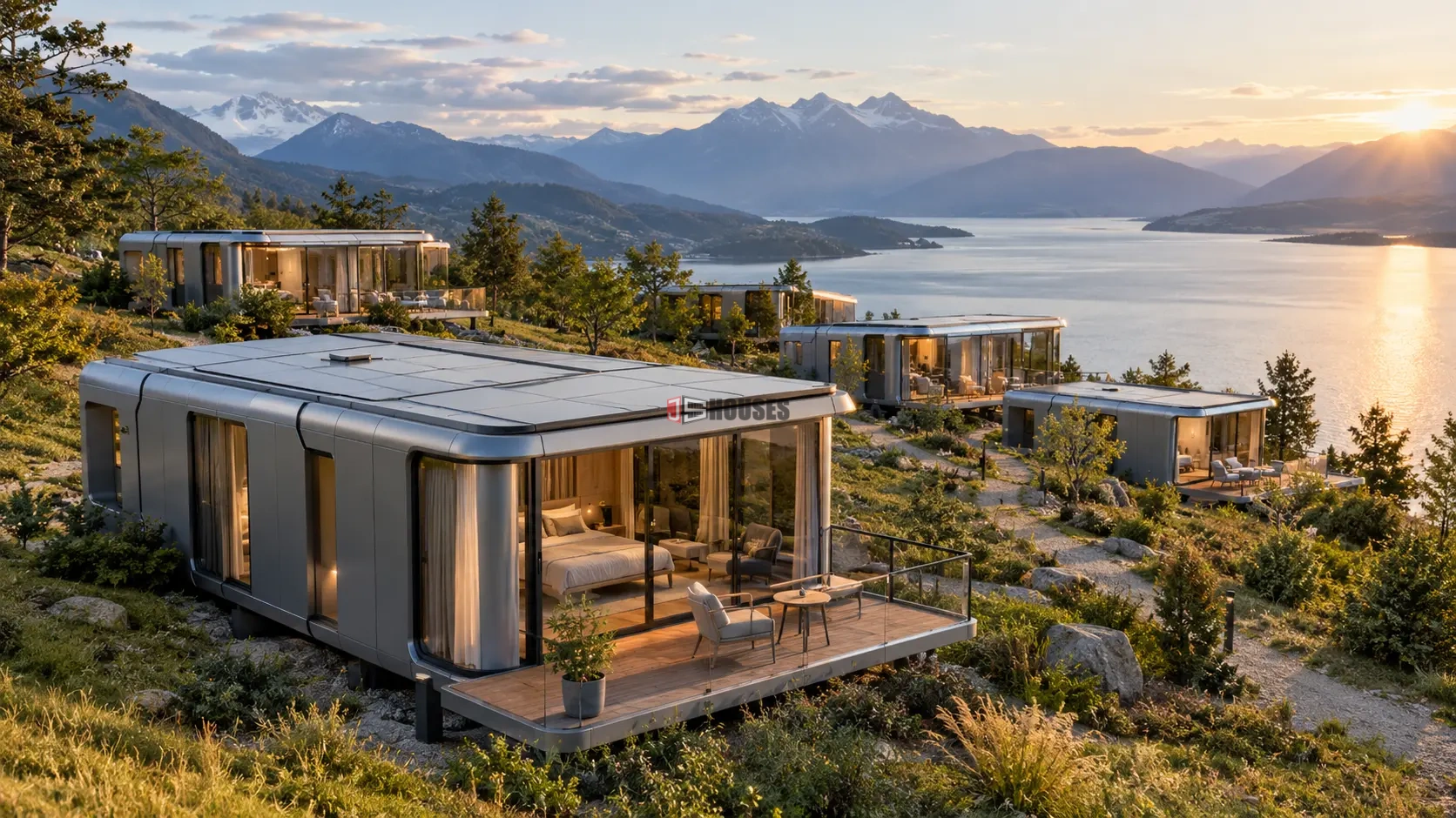 All-aluminum space capsule accommodation in a scenic modular resort setting