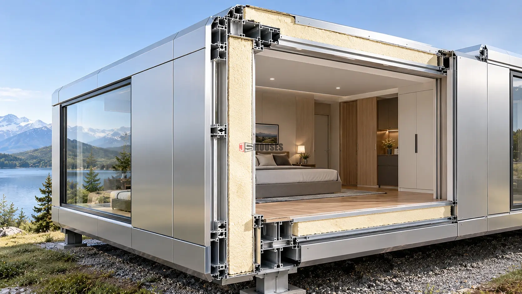 Cross-section of an all-aluminum prefab wall with polyurethane insulation