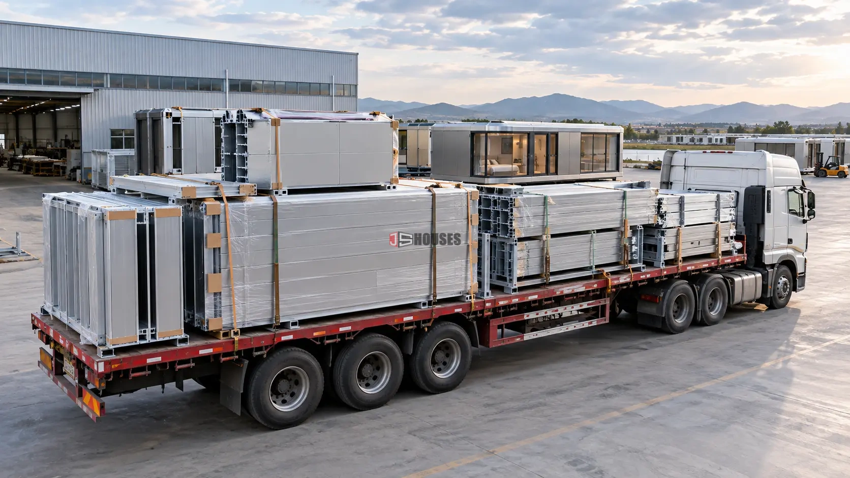 Compact flat-pack aluminum modules prepared for transportation