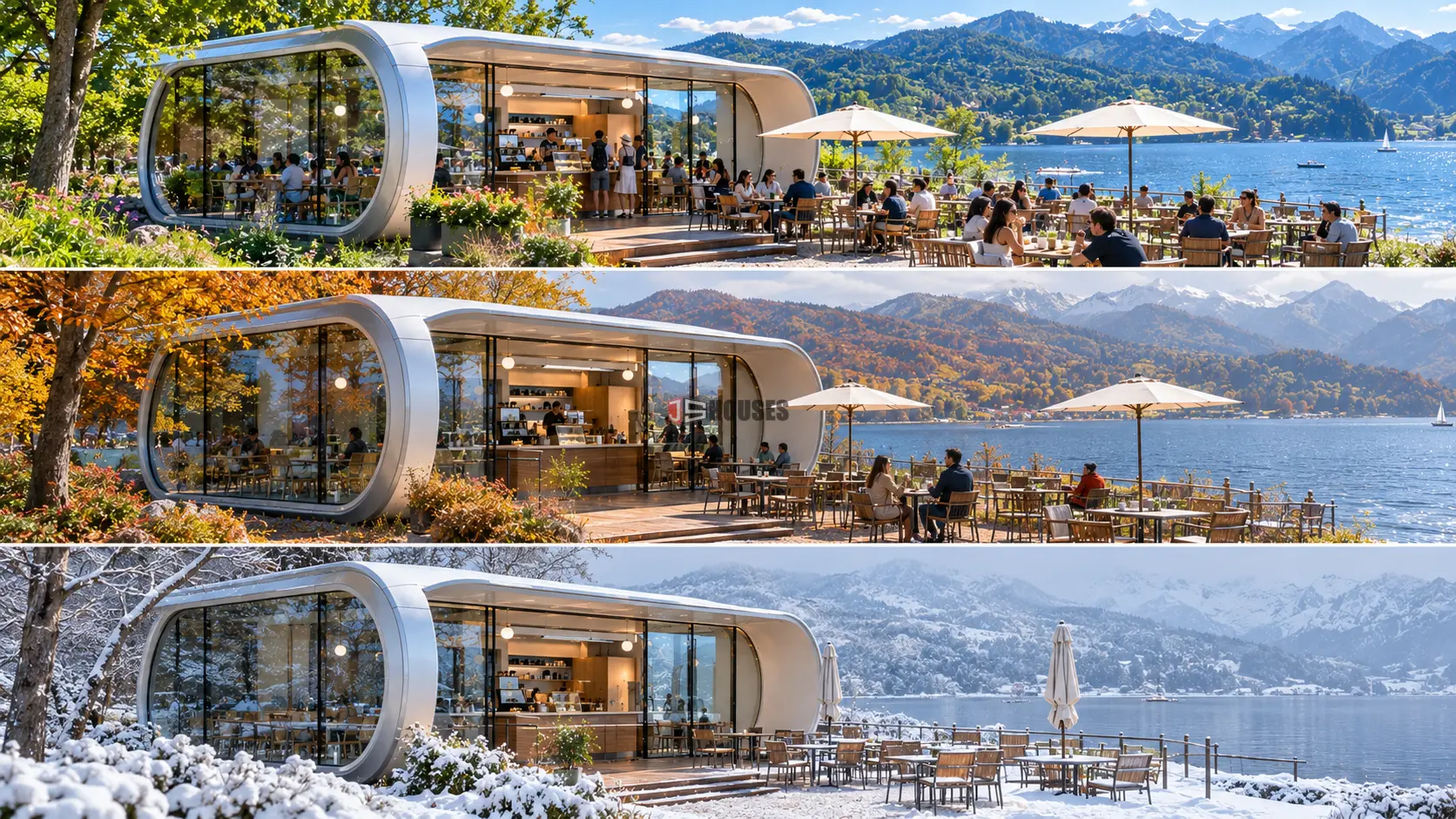 Space capsule café with flexible commercial space for year-round use