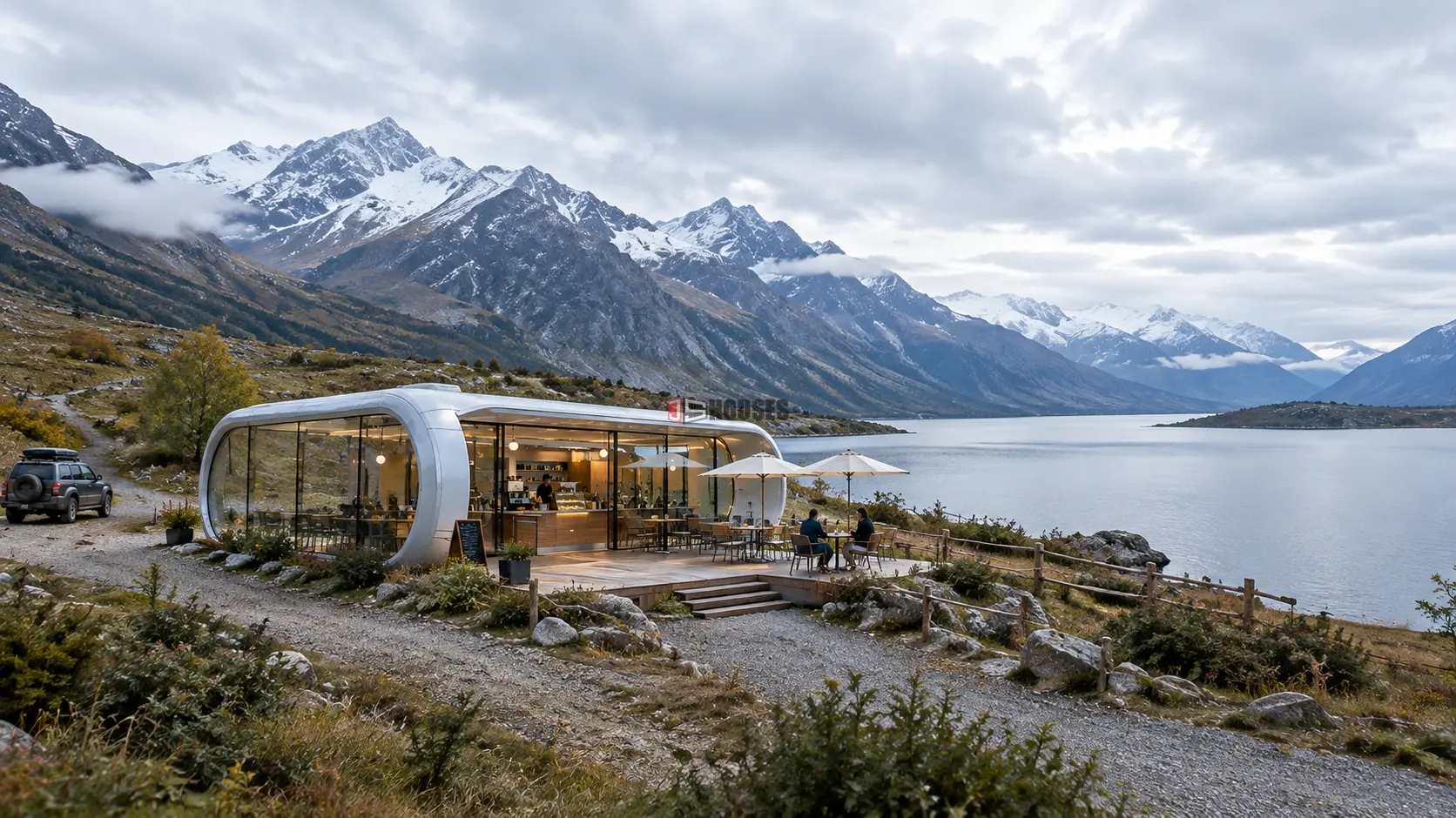 Space capsule café in a remote scenic location with limited customer traffic