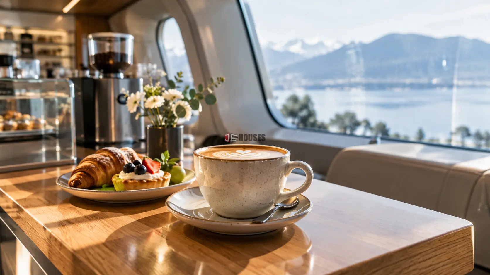 Coffee and pastries on the counter of a space capsule café