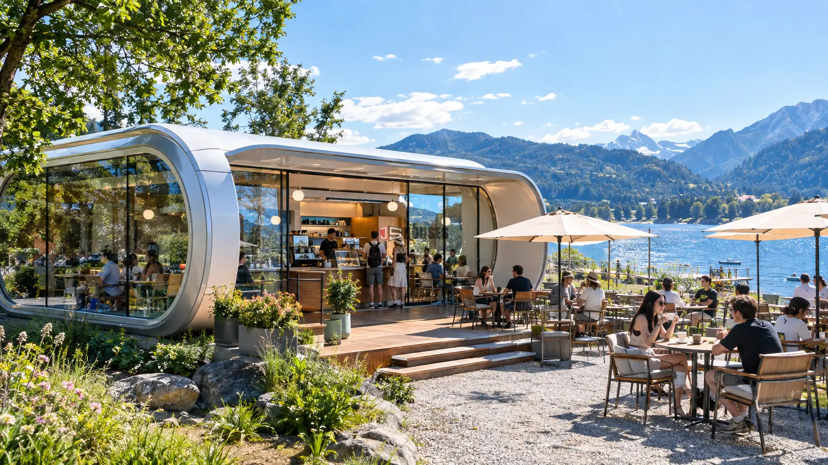 Space capsule café with customers during peak tourist season