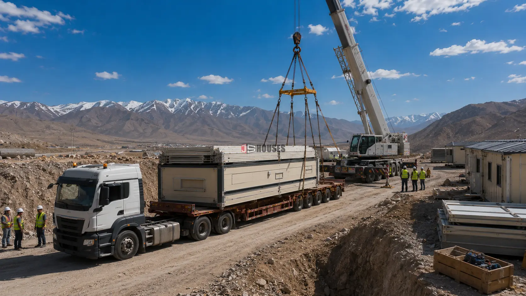 Modular building unloading and crane installation at a construction site