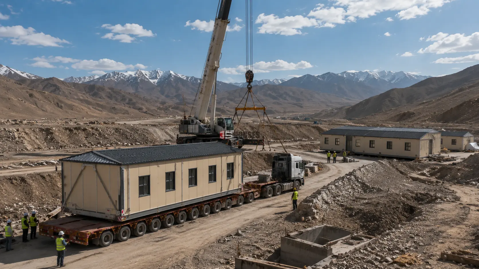Modular worker accommodation modules being delivered and installed in sequence
