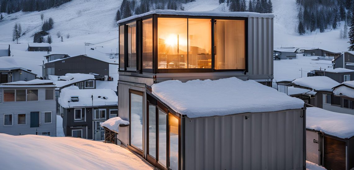 Sunrise over snow Container house in citycapped mountains